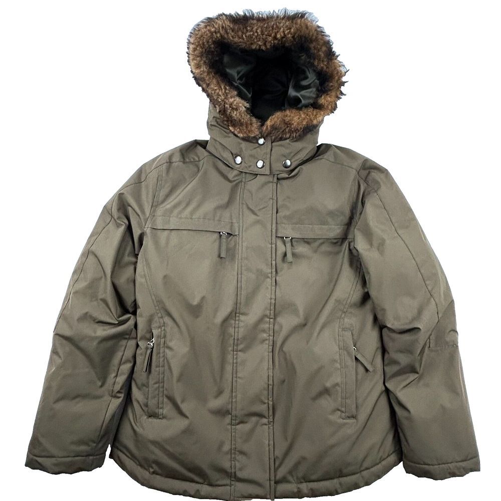 Banana Republic Women M Army Green Puffer Jacket‎ Water Resistant Hood Shearling